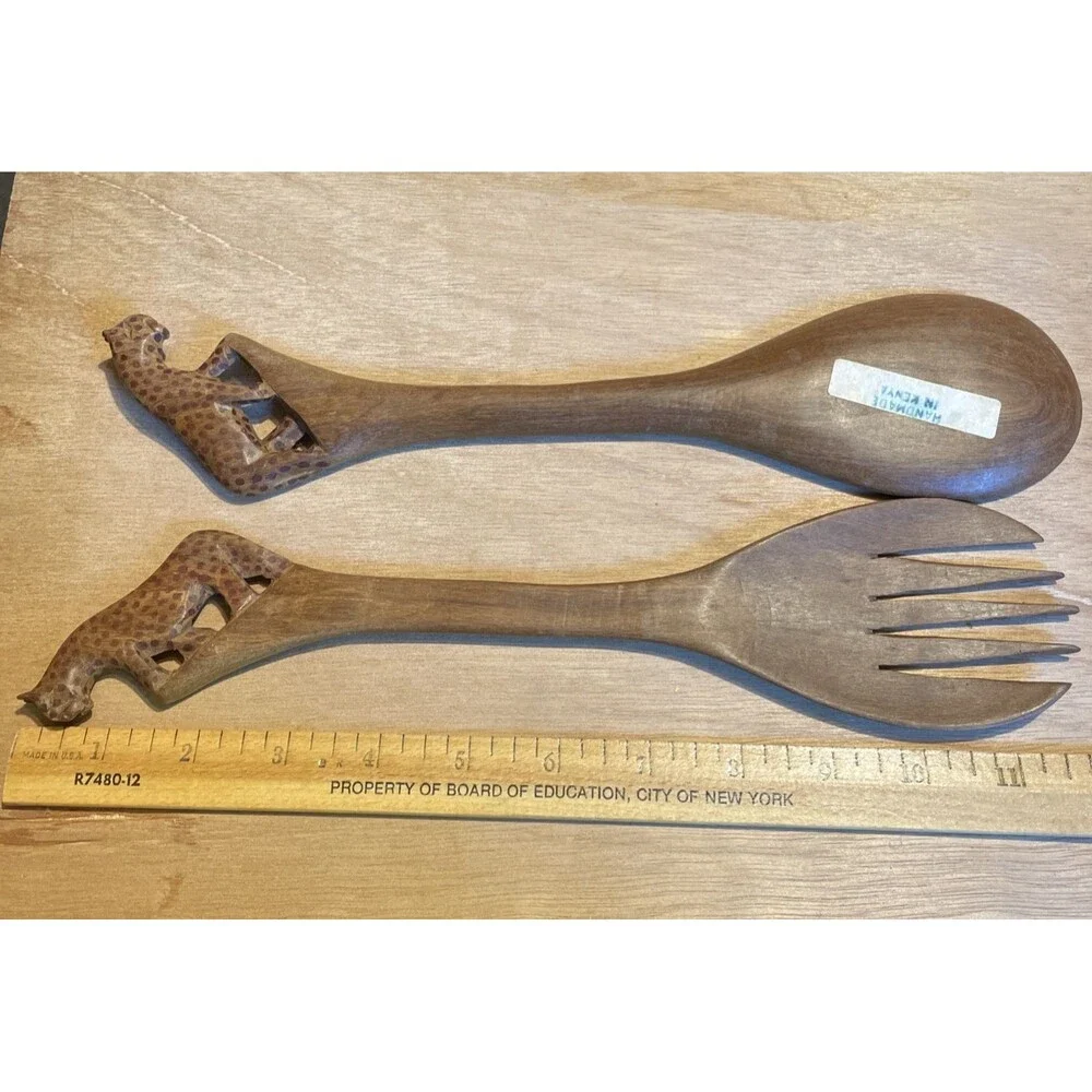 African Hand Carved Wood Spoon & Fork Salad Servers Vintage Estate Leopard Kenya